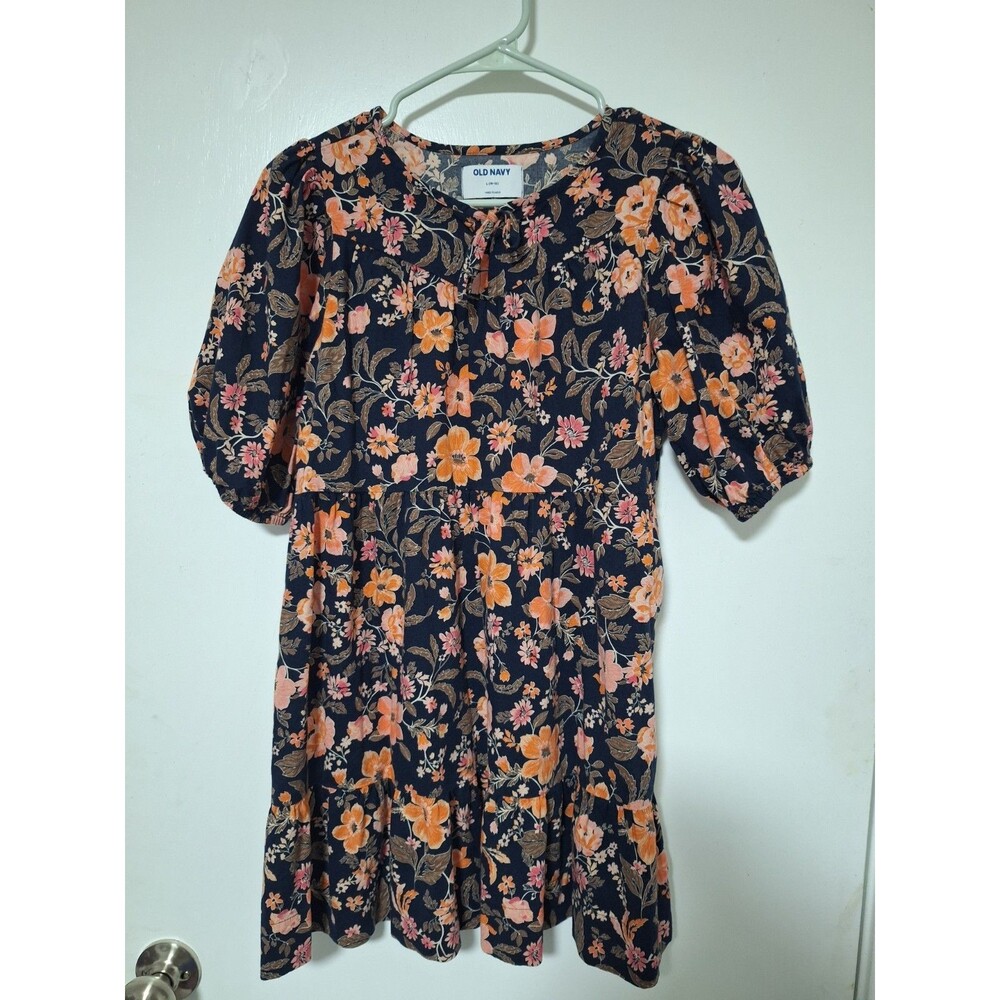 Old Navy‎ Girl's Floral Tiered Dress Large L 10-12 Puff Short Sleeve Cotton Navy